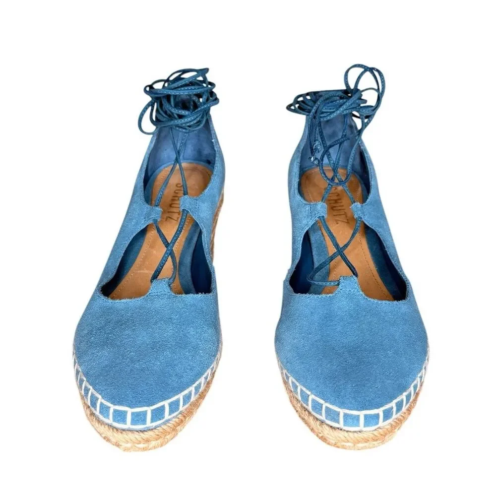 Schutz Wedge Espadrilles Size 6.5 Blue Fechado Salto Medio Acamurcado Suede